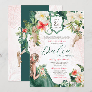 Tropical Löv Emerald Grönt Blommigt Quinceanera Inbjudningar