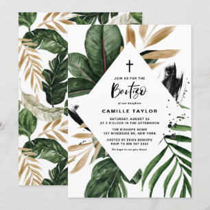 Tropical Löv Faux Gold Foil Ram Bautizo Inbjudningar