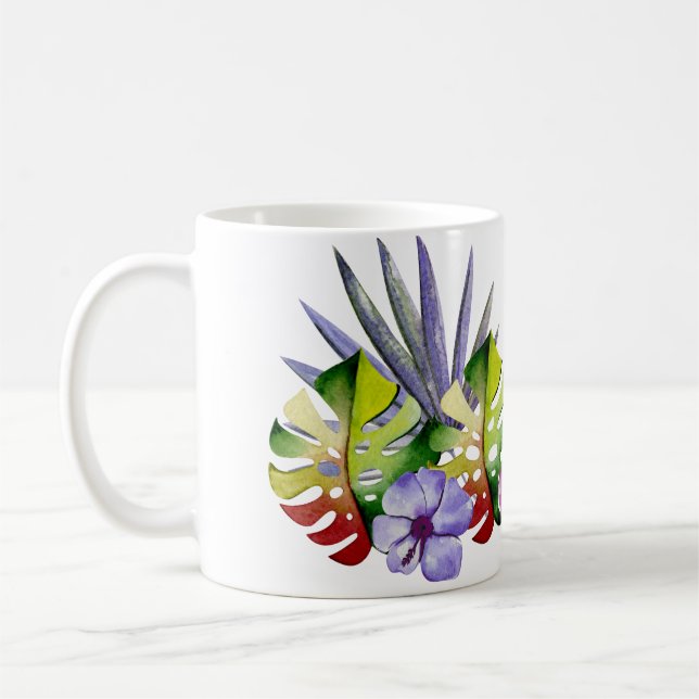 Tropical Löv Flowers Hawaii Colorful Watercolor Kaffemugg (Vänster)