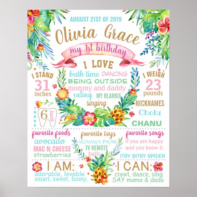 Tropical Löv Flowers Luau Hawaiian-tecken Poster (Framsidan)