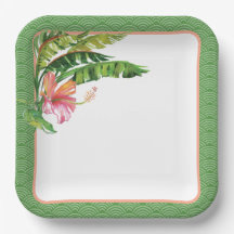 Tropical Löv Grönt Rosa Blommigt Papper Plate