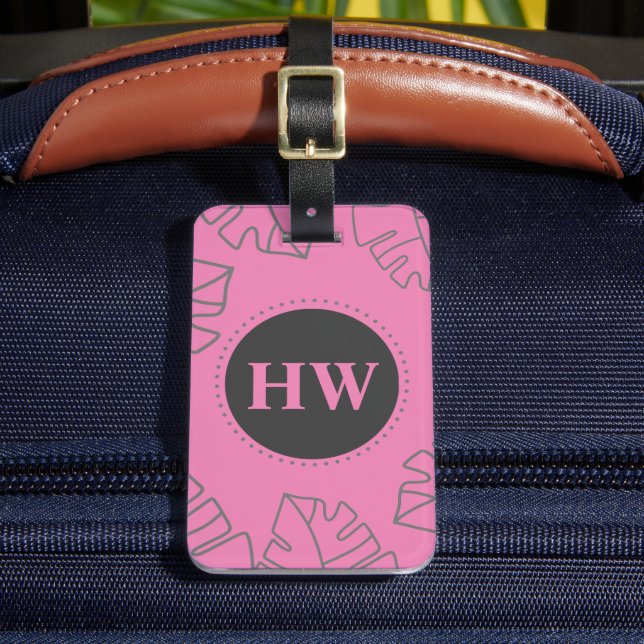 Tropical Löv Mönster Rosa & Grått Monogram Bagagebricka (Framsida Insitu 2)