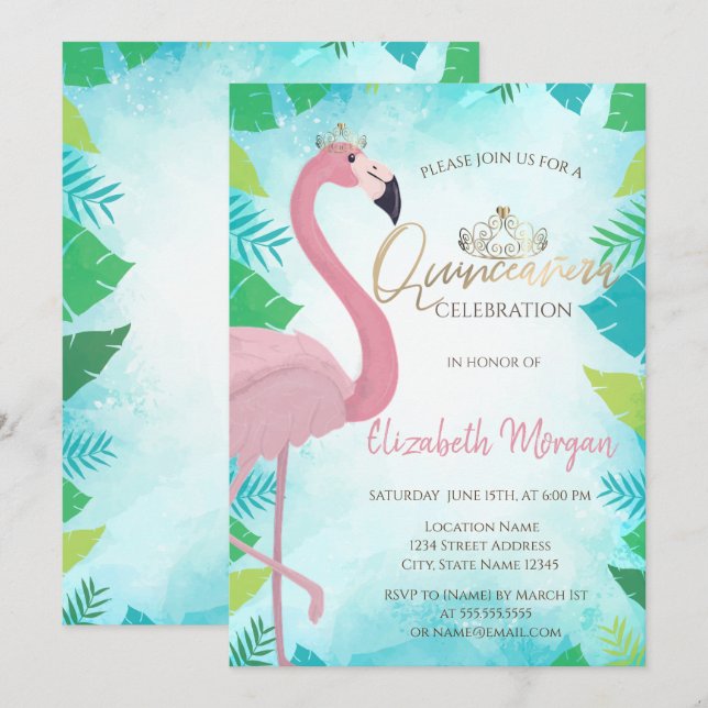 Tropical Löv Rosa Flamingo Summer Quinceañera Inbjudningar (Fram/baksida)