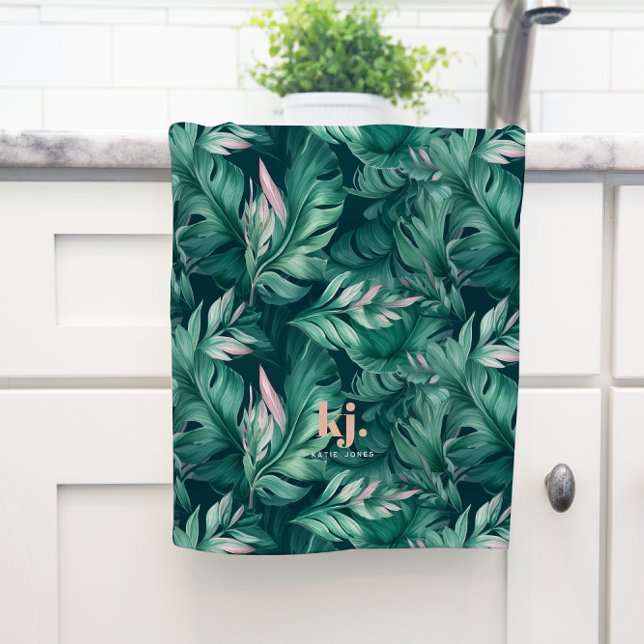Tropical Löv Rosa & Grönt Monogram Tea Towel Kökshandduk (Skapare uppladdad)