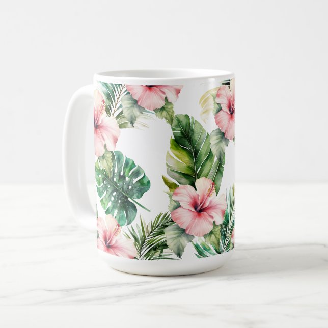 Tropical Löv Rosa Hibiscus Flowers Kaffemugg (Framsida vänster)