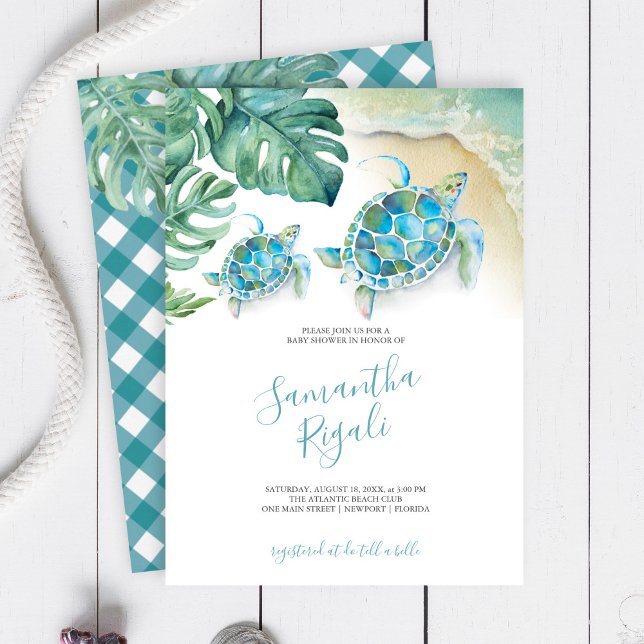 Tropical Löv Sea Turtle Boy Shower (Baby shower invitations tropical watercolor sea turtle, palm leaves and ocean with gingham print)