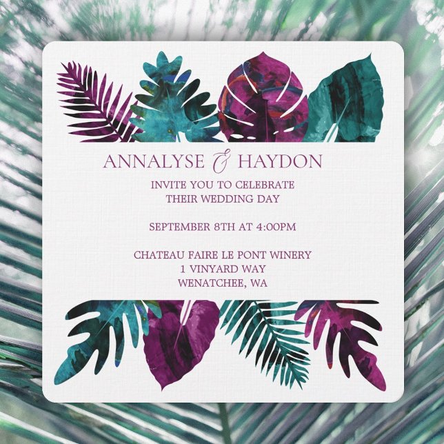 Tropical Löv, Teal, Vild Berry Rosa Bröllop Inbjudningar (tropical teal, wild berry pink island leaves wedding invitations, monstera, ferns, palm leaves)