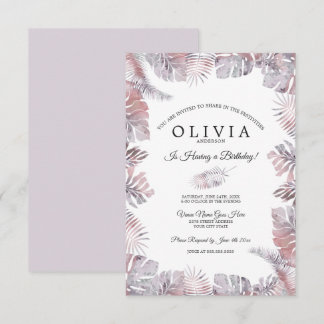 Tropical Löv Watercolor Birthday Mauve Ro Inbjudningar