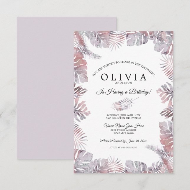 Tropical Löv Watercolor Birthday Mauve Ro Inbjudningar (Fram/baksida)
