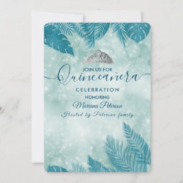 Tropical lövs blue bokeh tiara Quinceañera Inbjudningar