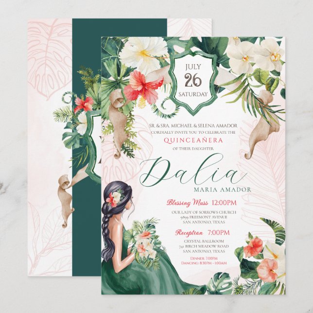 Tropical Lövs Emerald Grönt Blommigt Quinceanera Inbjudningar (Fram/baksida)