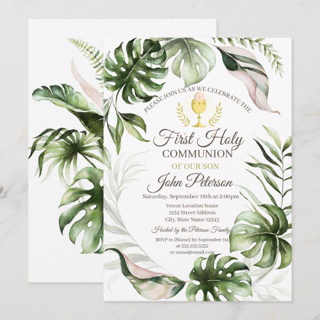 Tropical Lövs First Heliga Communion Inbjudningar (Fram/baksida)