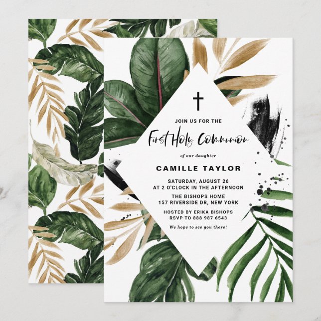 Tropical Lövs Gold Foil First Heliga Communion Inbjudningar (Fram/baksida)