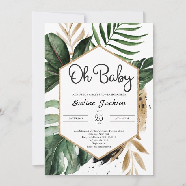 Tropical Lövs Oh Baby Shower, inbjudan Greenery (Framsida)