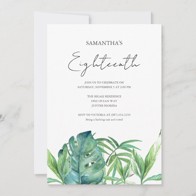 Tropical Luau 18:e födelsedag Vattenfärg Inbjudningar (Framsida)