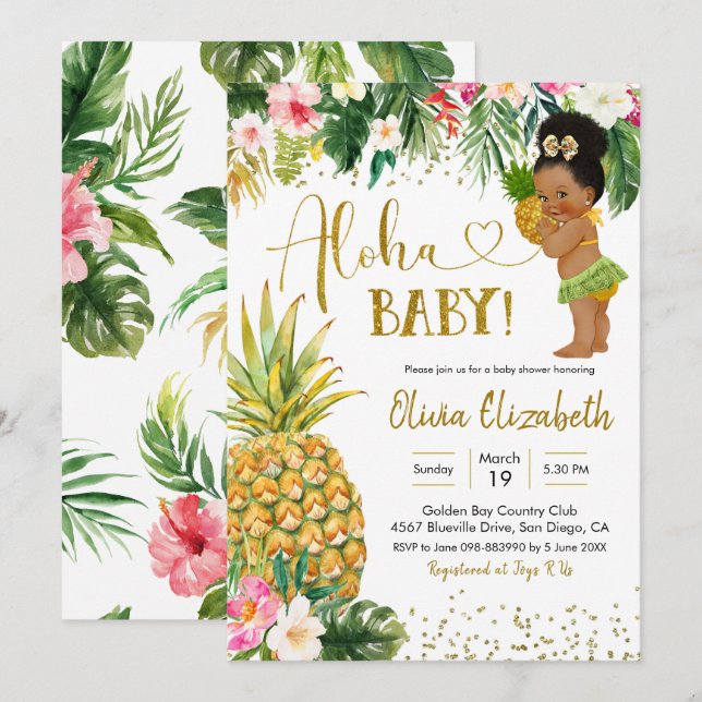 Tropical Luau African Afro Girl Baby Shower Inbjudningar (Fram/baksida)