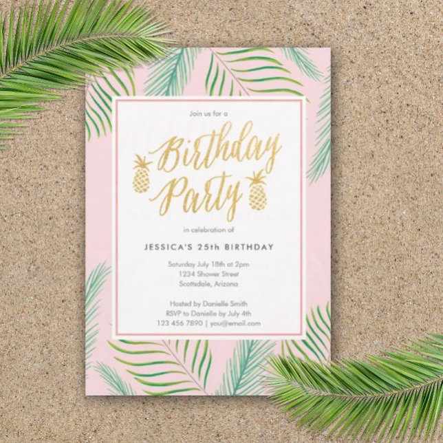 Tropical Luau Birthday Bjud i Rosa & Guld Inbjudningar (Birthday Party Luau Invitation)