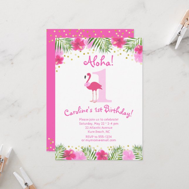 Tropical Luau Flamingo 1st Birthday Girl Inbjudningar (Fram/Back In Situ)