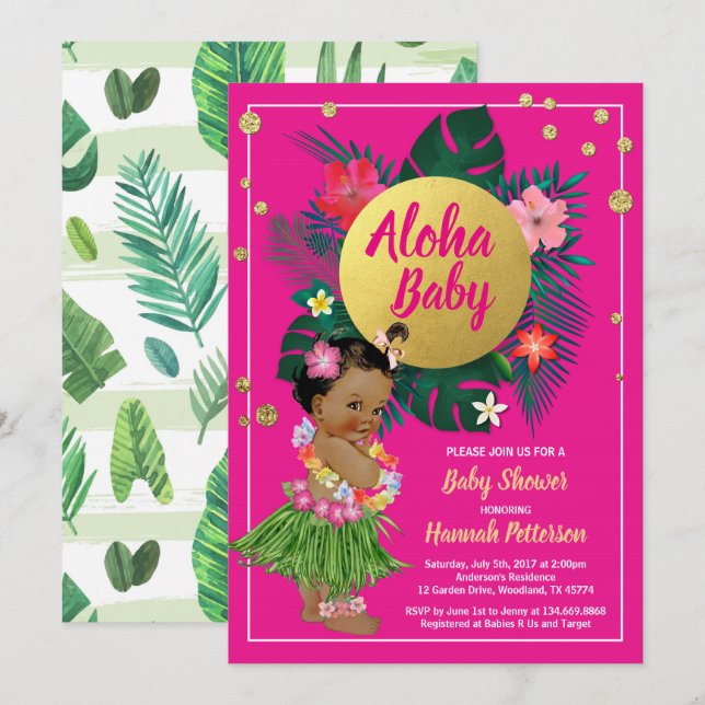 Tropical luau flicka duschinbjudan shock rosa inbjudningar (Fram/baksida)