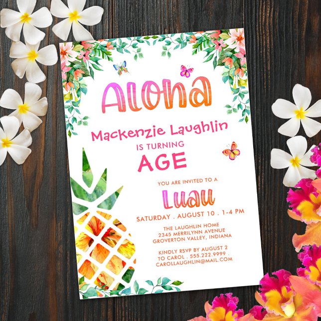 Tropical Luau Girl Birthday Aloha Pineapple Inbjudningar (Skapare uppladdad)