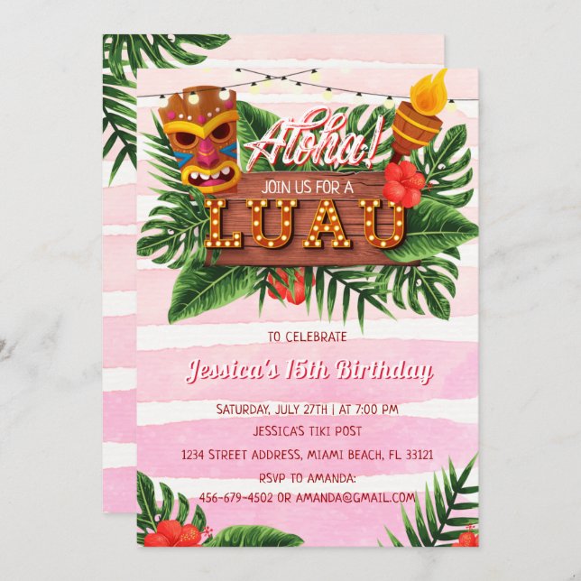 Tropical Luau Girl Birthday-inbjudan Inbjudningar (Fram/baksida)
