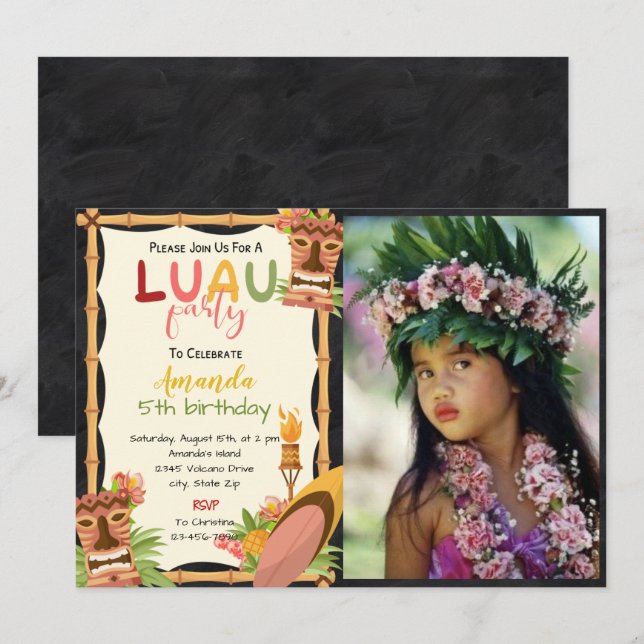 Tropical Luau Mask Birthday-inbjudan med foto Inbjudningar (Fram/baksida)