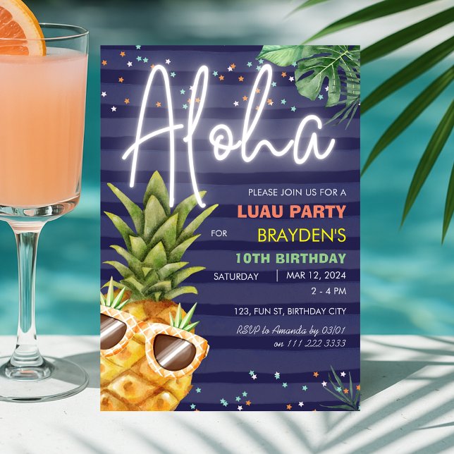Tropical Luau Pineapple Beach Boy Blue Birthday Inbjudningar (Tropical Luau Pineapple Beach Boy Blue Birthday Invitation)