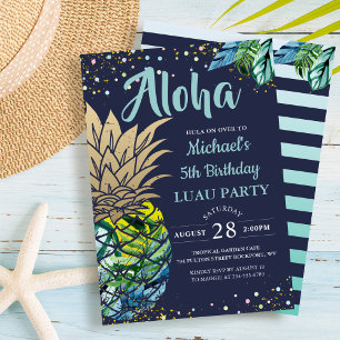 Tropical Luau Pineapple Beach Navy Blue Birthday Inbjudningar