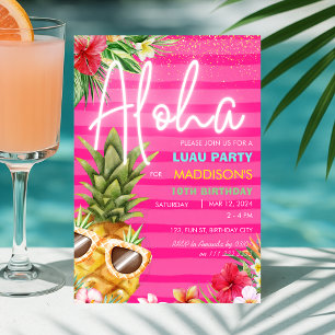 Tropical Luau Pineapple Beach Rosa Girl Birthday Inbjudningar