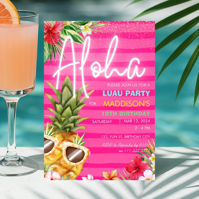 Tropical Luau Pineapple Beach Rosa Girl Birthday Inbjudningar (Tropical Luau Pineapple Beach Pink Girl Birthday Invitation)
