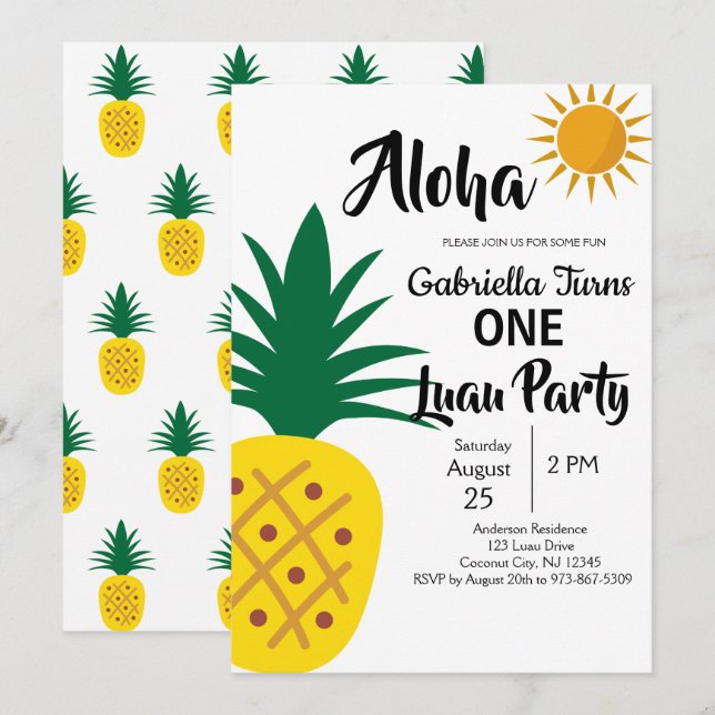 Tropical Luau Pineapple First Födelsedagsfest Inbjudningar (Fram/baksida)