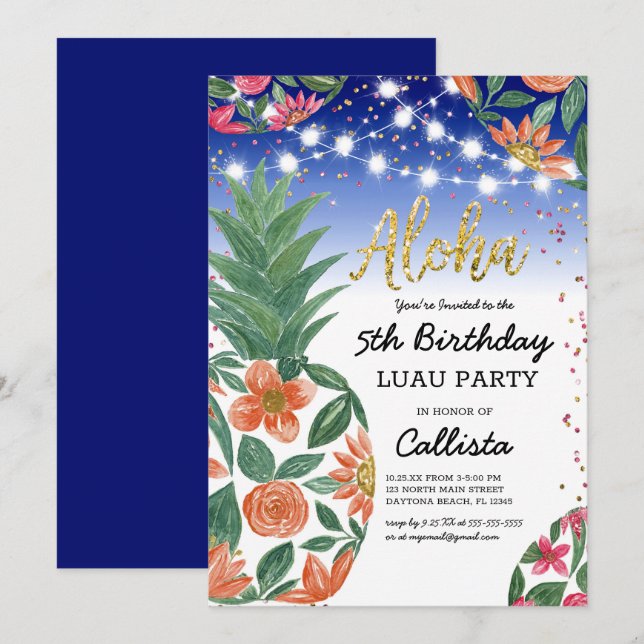 Tropical Luau Pineapple Ljus Glitter Inbjudningar (Fram/baksida)