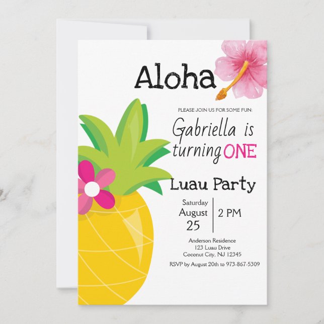 Tropical Luau Pineapple Rosa First Födelsedagsfest Inbjudningar (Framsida)