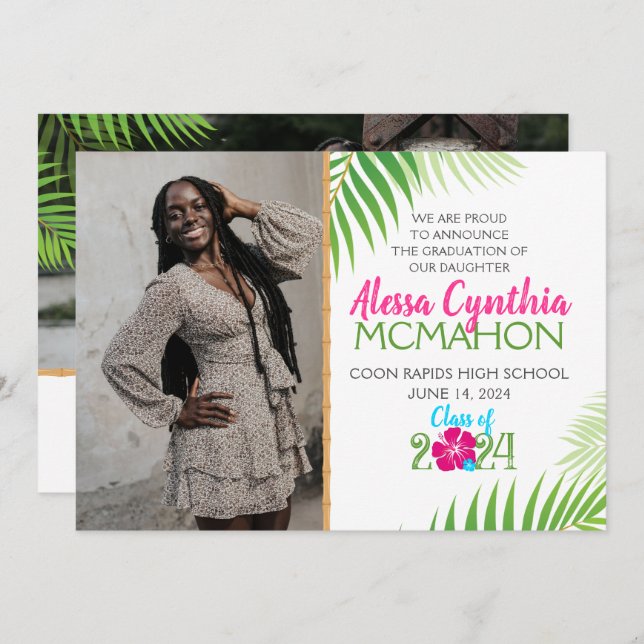 Tropical Luau Studenten 2 Fotomeddelande Inbjudningar (Fram/baksida)