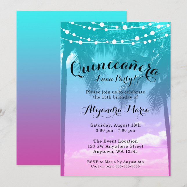 Tropical Luau Teal Rosa Quinceanera-inbjudningar Inbjudningar (Fram/baksida)