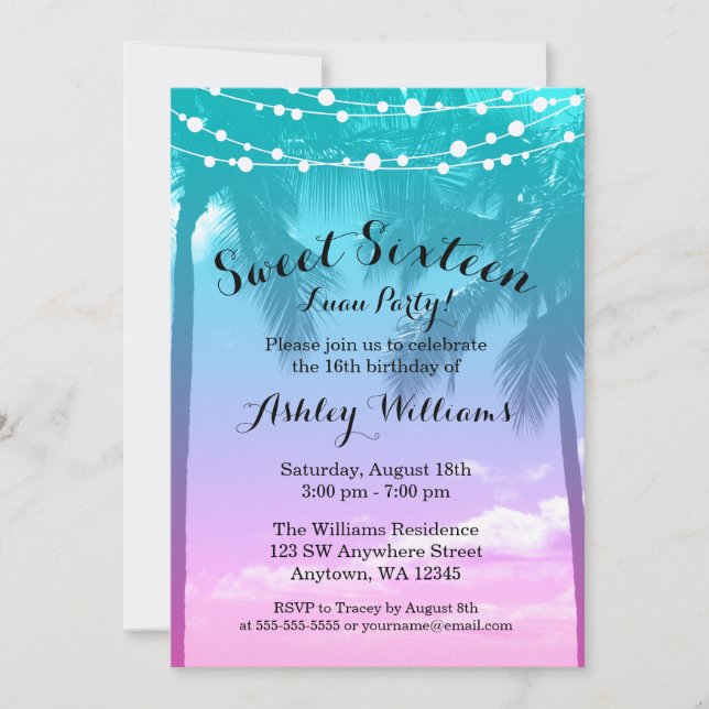 Tropical Luau Teal Rosa Sweet 16 Birthday Inbjudningar (Framsida)