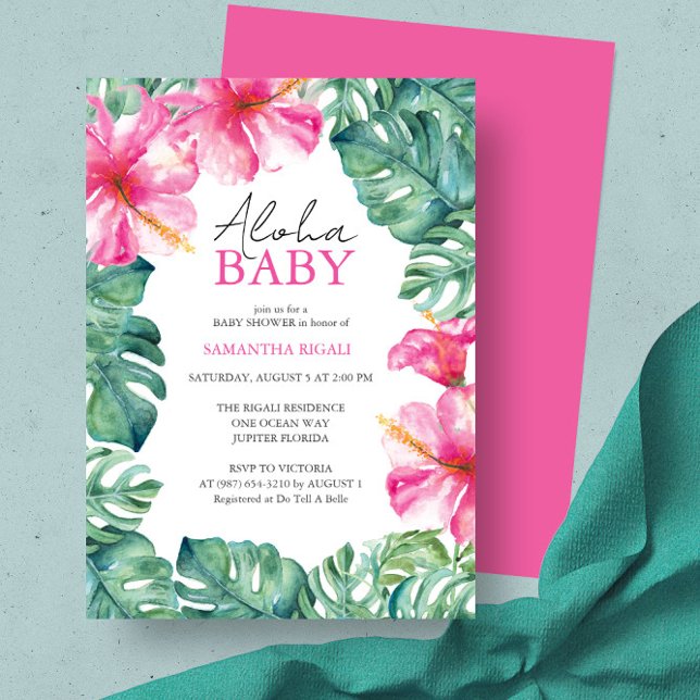 Tropical Luau Theme Baby Shower Inbjudningar (Luau baby shower ideas feature hibiscus flower invitation unique art by Victoria Grigaliunas)