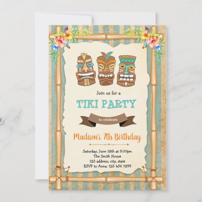 Tropical luau tiki födelsedagsinbjudan inbjudningar (Framsida)
