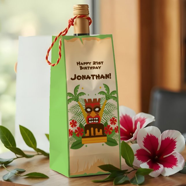 Tropical Luau Tiki Pub Roligt Retro Hawaiian Birth (This tiki themed birthday party wine gift bag brings the kitsch with a retro Hawaiian luau vibe.)