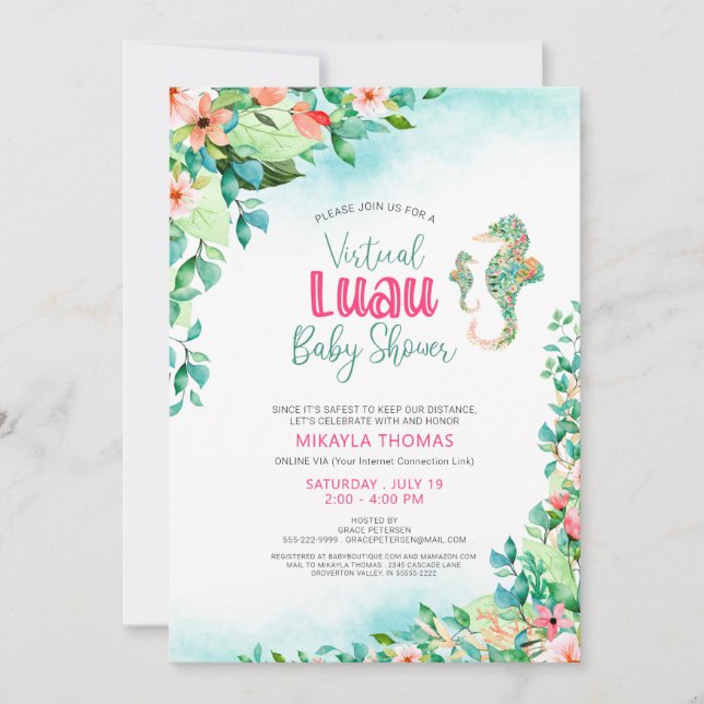Tropical Luau Virtuell Baby Shower Seahorse Inbjudningar (Framsida)