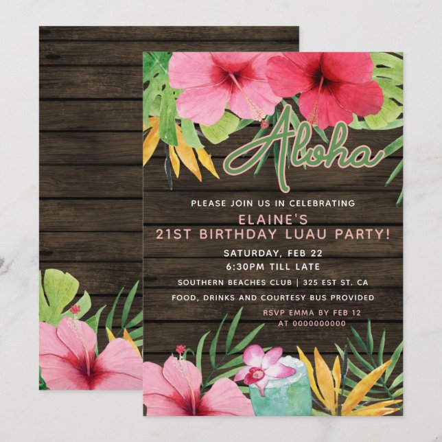 Tropical LUAU Vuxen Födelsedagsfest Inbjudningar (Fram/baksida)