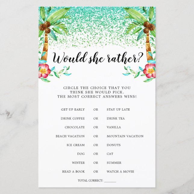 Tropical Luau Watercolor Would She Rather-spel (Framsida)