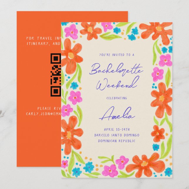 Tropical Marker Sketch Flower Gräns Bachelorette Inbjudningar (Fram/baksida)