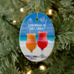 Tropical Marriage First Christmas Photo Keepsake Julgransprydnad Keramik<br><div class="desc">Tropical Christmas,  first married Christmas ornament with photo template and custom text.  Oval,  ceramic ornament with two slushy cocktails on a beach.  Put a photo of the couple / newlyweds on the back.  Customize with text on both sides.</div>