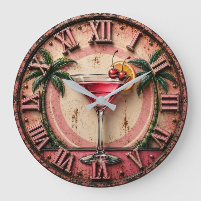 Tropical Martini Pink Cocktail Bar Decor Stor Klocka (Framsida)