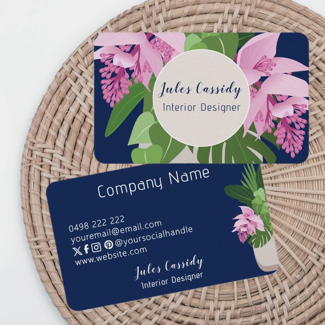 Tropical Medinilla Flower Mörk blått Beige Circle Visitkort (Skapare uppladdad)