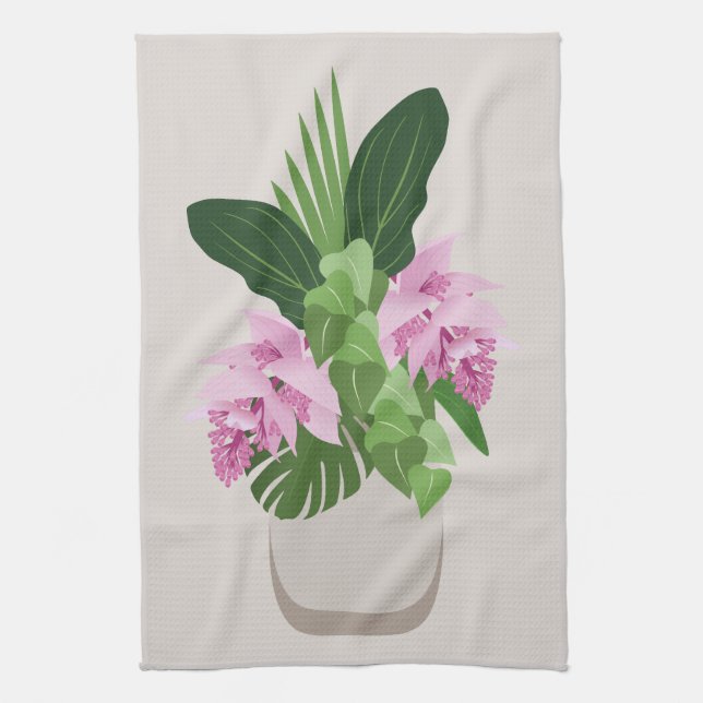 Tropical Medinilla Rosa Flower i Beige Vas Kökshandduk (Vertikal)
