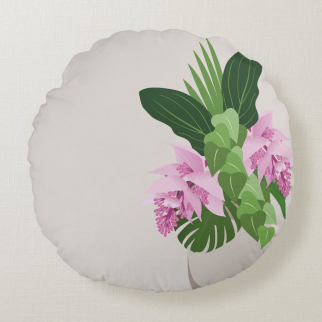 Tropical Medinilla Rosa Flower i Beige Vas Rund Kudde (Framsidan)