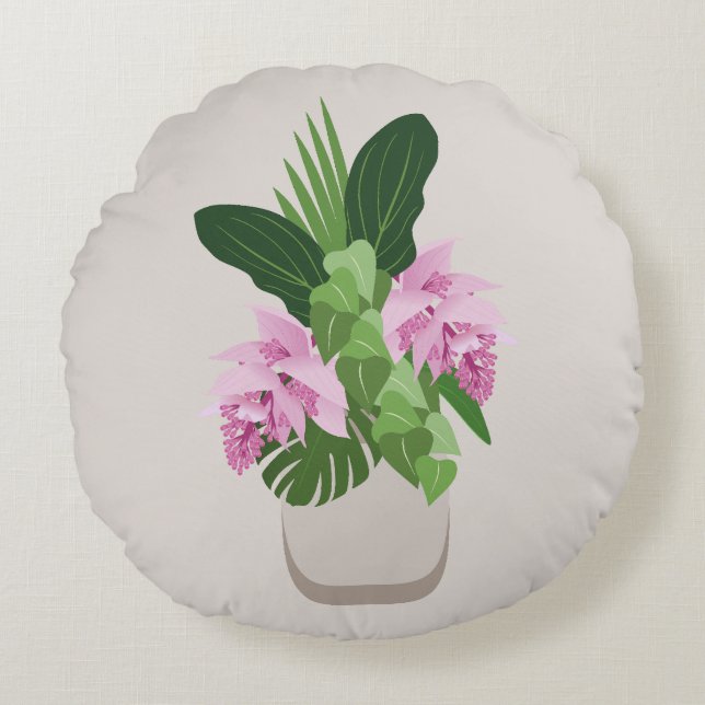 Tropical Medinilla Rosa Flower i Beige Vas Rund Kudde (Framsidan)