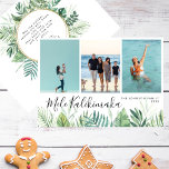 Tropical Mele Kalikimaka jul Photo Collage Julkort<br><div class="desc">Det här multifoto-julkortet är ett val för perfekten för dem som bor eller är på helgdag på de hawaiiska tropikarna denna julsäsong! Den har en fotokollage med tre favoritfoton från familjen överst. Under det finns era julhälsningar i ett modernt skript för vismisk elegant. Nedan är din familj namn och år...</div>